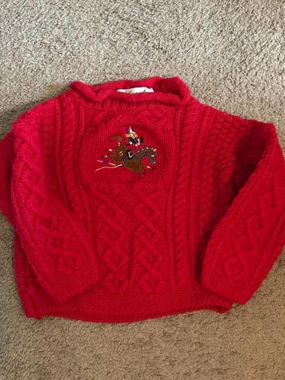Kids Red Cable Knit Sweater with Embroidered Horse